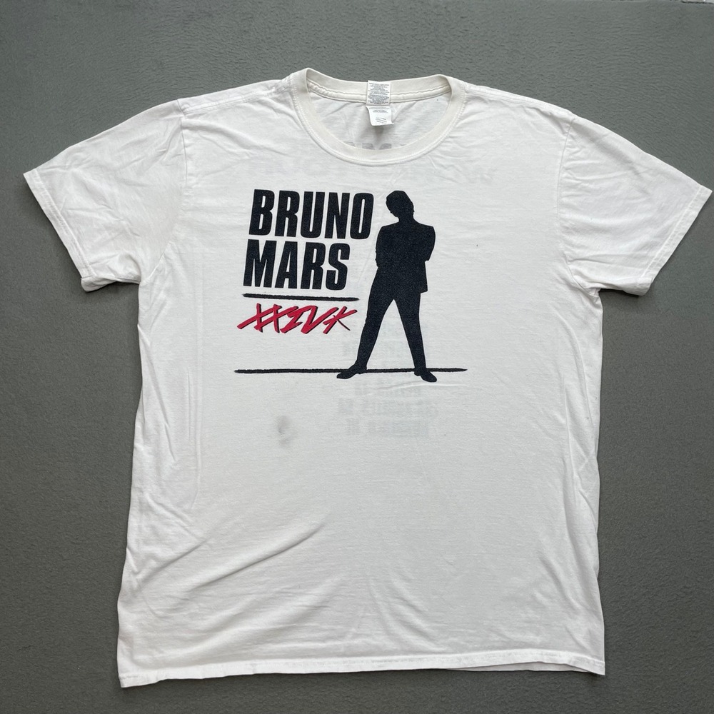 Gildan Men T-Shirt Cotton Large Bruno Mars 24K Magic World Tour Concert White
